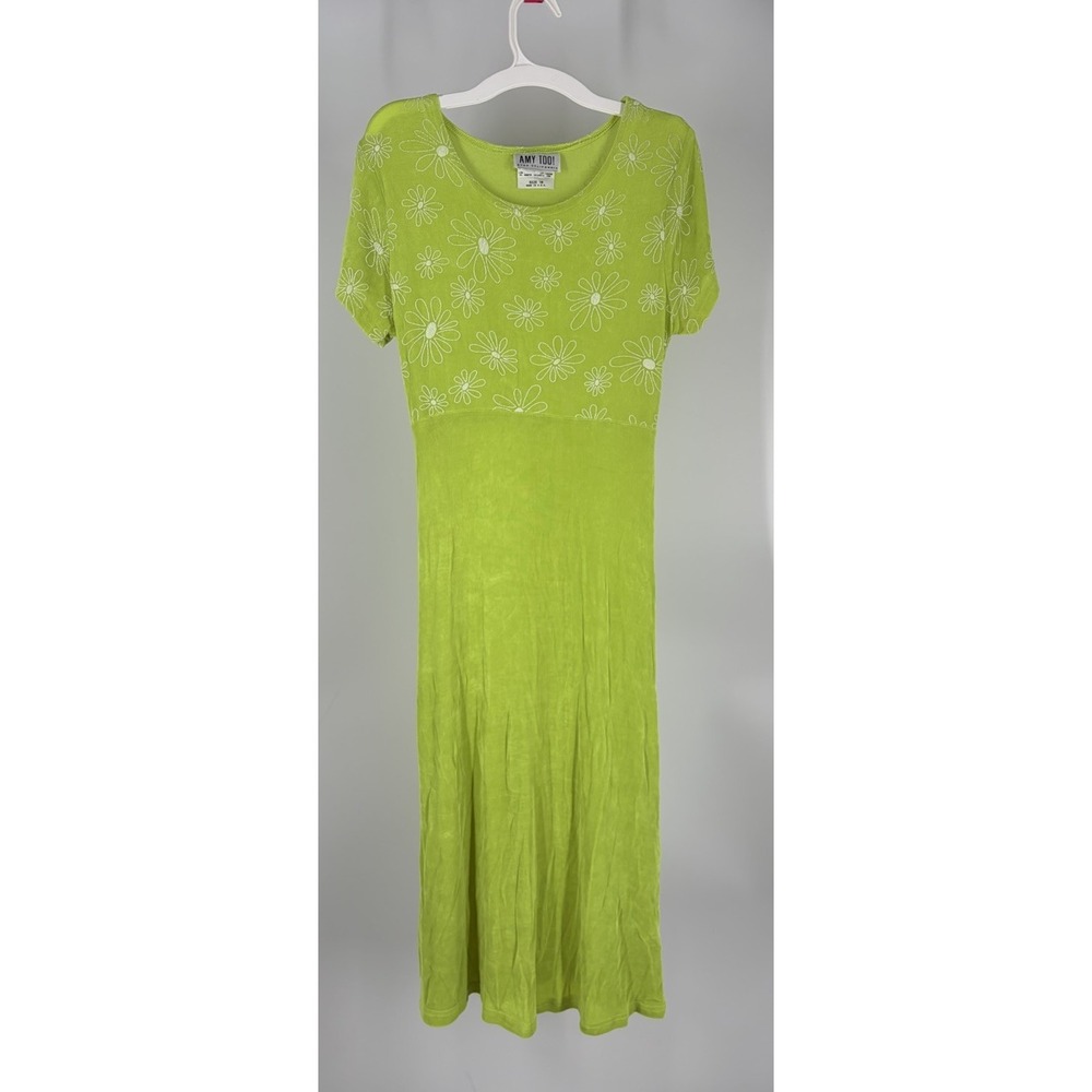 Y2K Amy Too Byer California Flower Power Lime Green Daisy Midi Dress USA 16